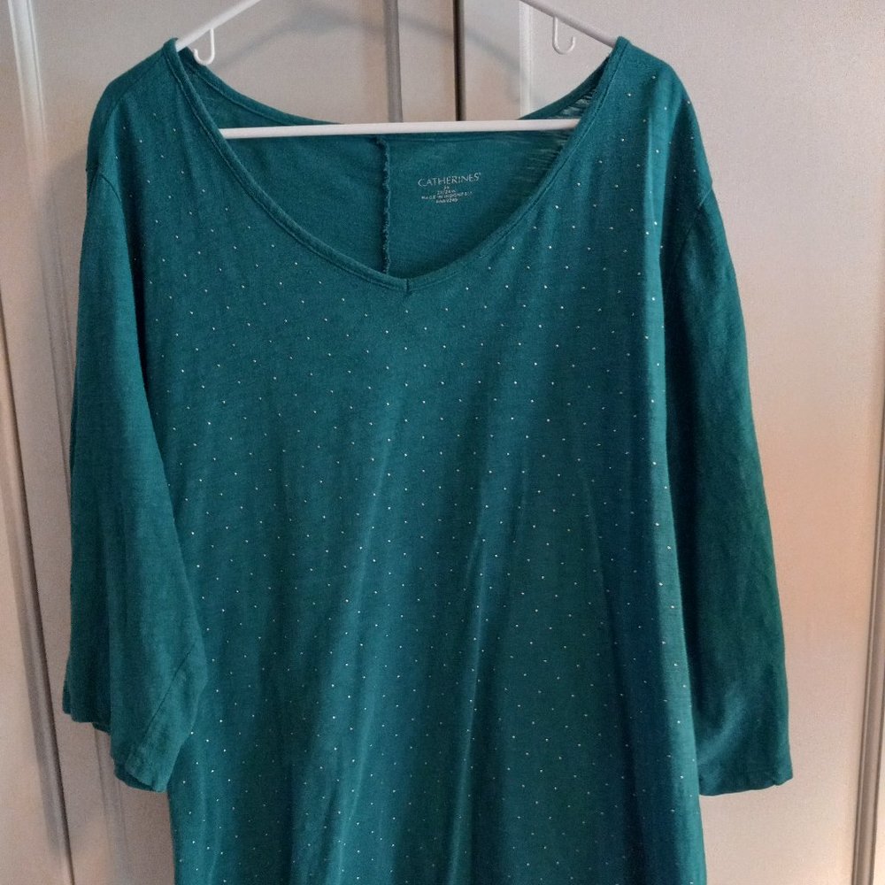 Women's Catherine's 2X Top, 22W 24W, ¾ Sleeves, Teal Green w/ studs Tunic, Tee